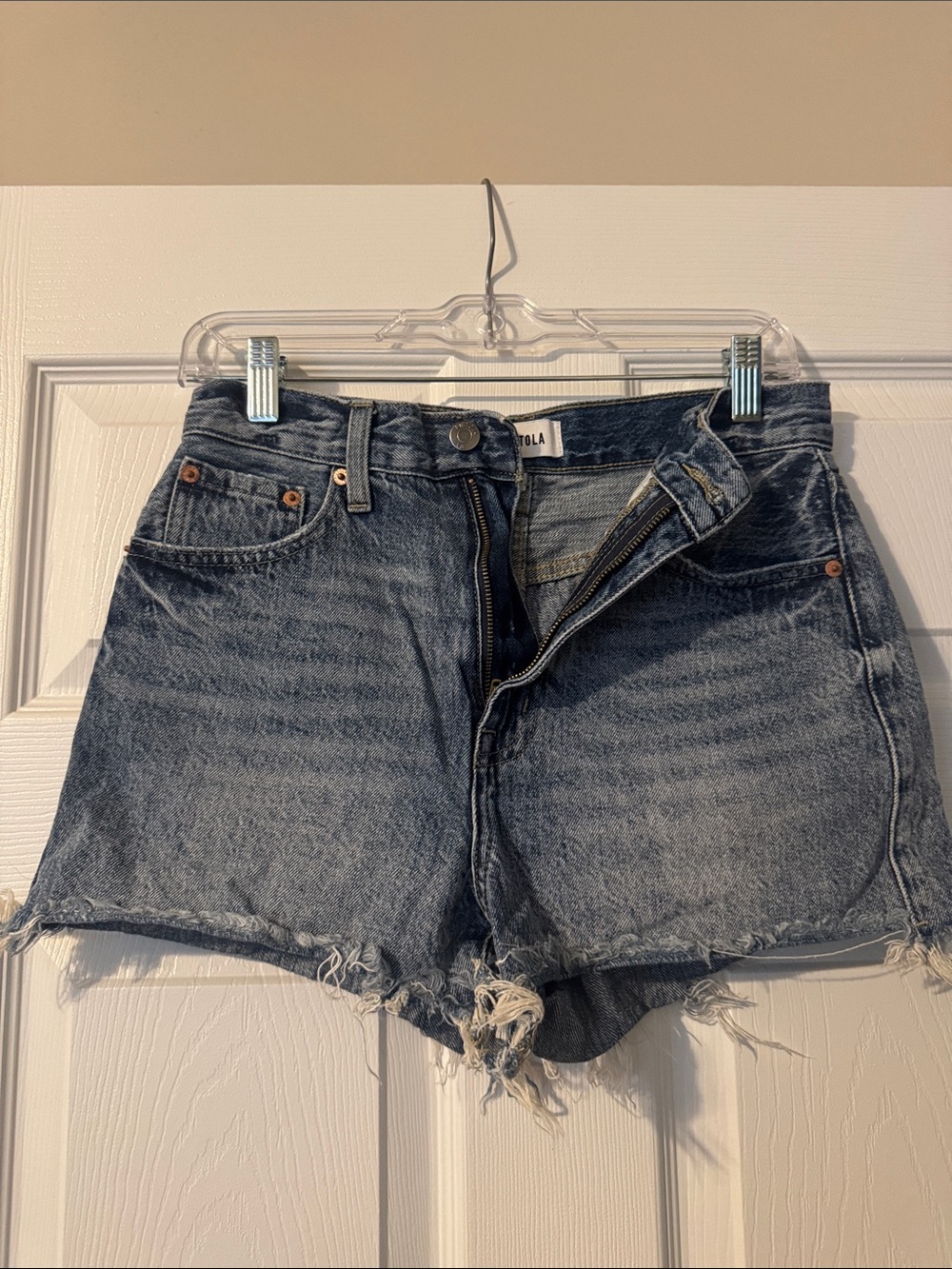 pistola Distressed High-Rise Denim Cutoff Shorts in Faded Blue